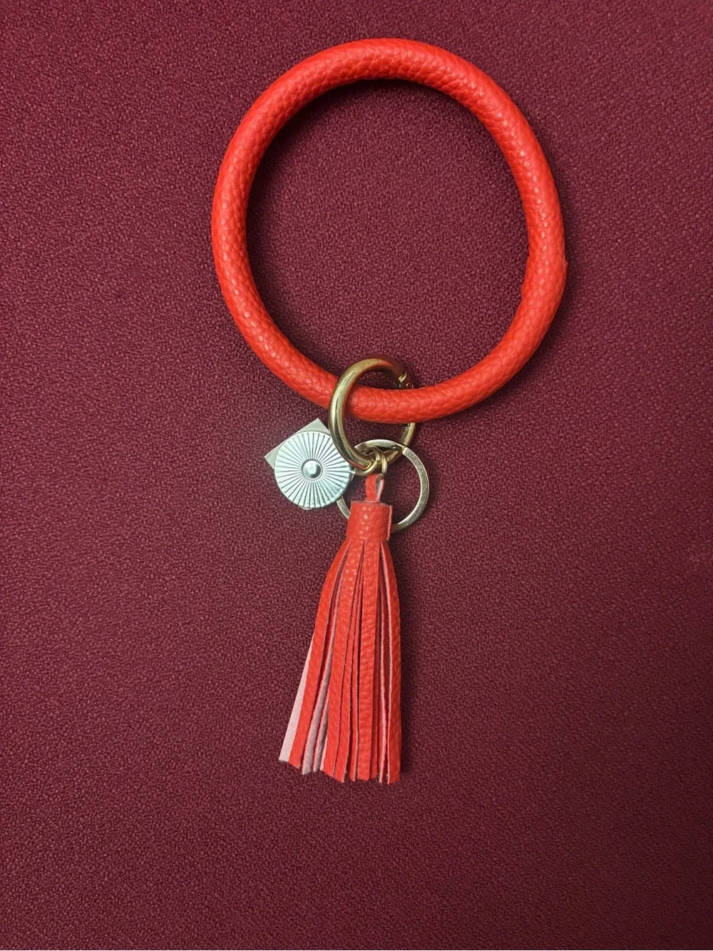 Round Faux Leather Key Ring  Bracelet With Tassel. Red Color. New With Tag!